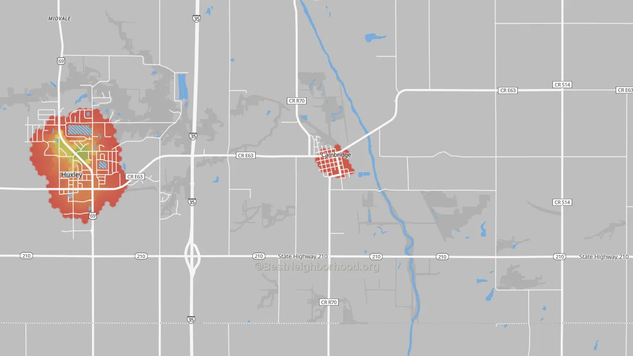 Walk Grade map of 50046, IA, walkable areas in green and car-dependent areas in red