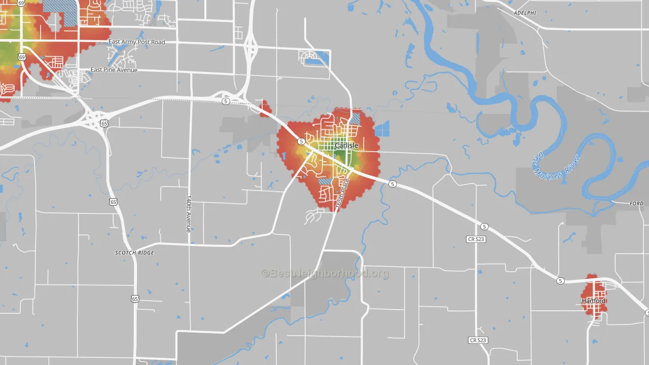 Walk Grade map of 50047, IA, walkable areas in green and car-dependent areas in red
