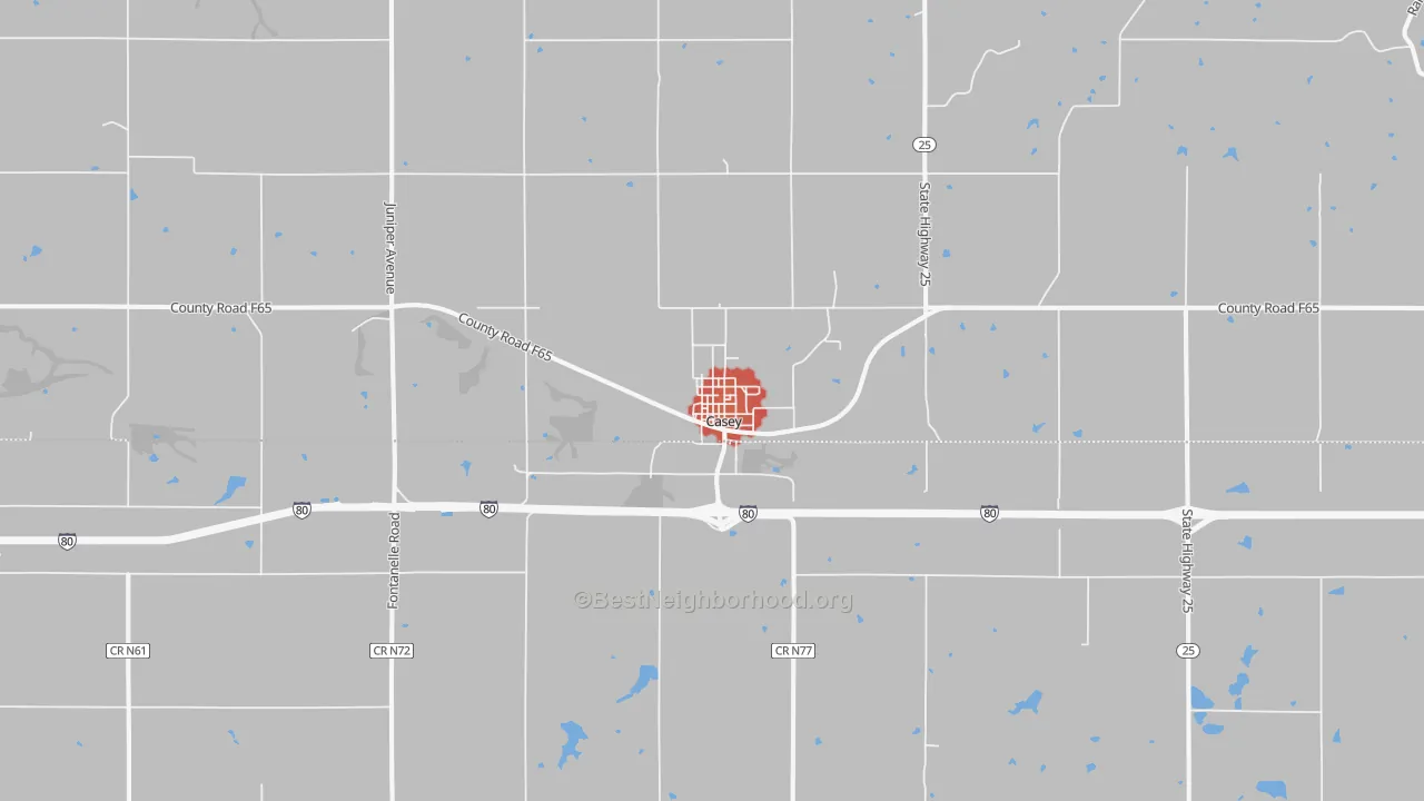 Walk Grade map of 50048, IA, walkable areas in green and car-dependent areas in red