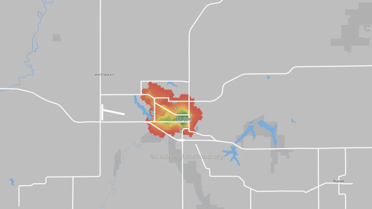 Walk Grade map of 50049, IA, walkable areas in green and car-dependent areas in red