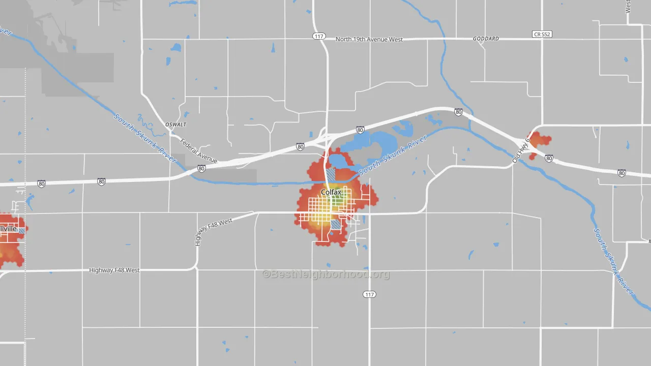 Walk Grade map of 50054, IA, walkable areas in green and car-dependent areas in red
