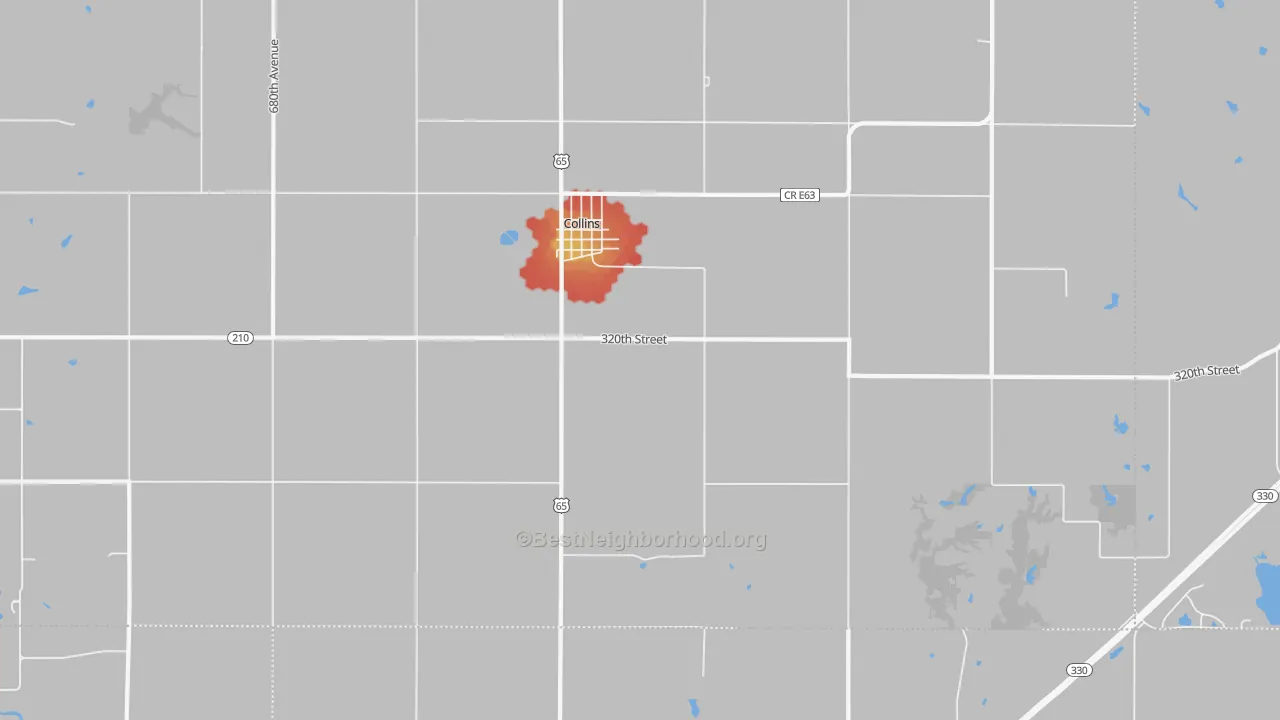 Walk Grade map of 50055, IA, walkable areas in green and car-dependent areas in red