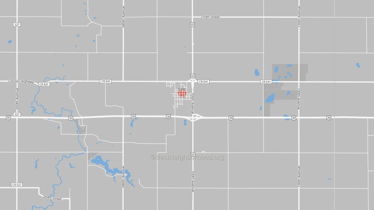 Walk Grade map of 50056, IA, walkable areas in green and car-dependent areas in red