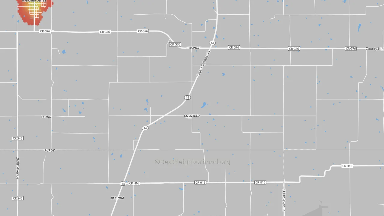 Walk Grade map of 50057, IA, walkable areas in green and car-dependent areas in red