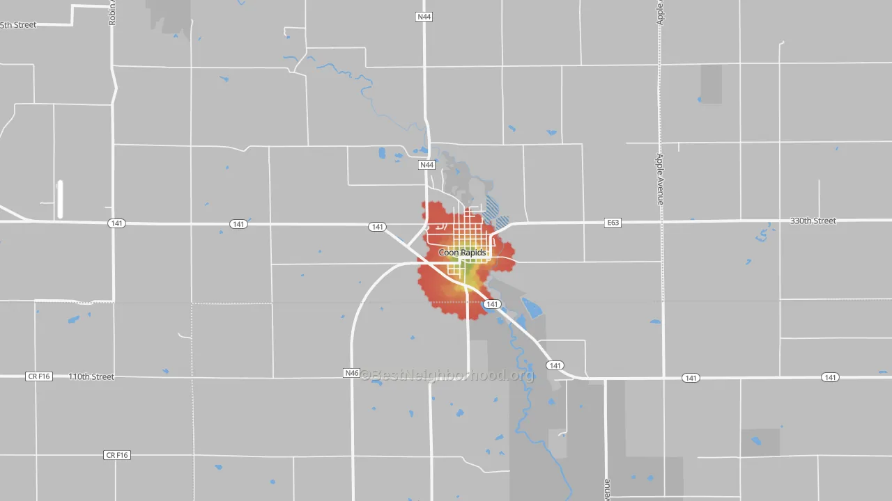 Walk Grade map of 50058, IA, walkable areas in green and car-dependent areas in red