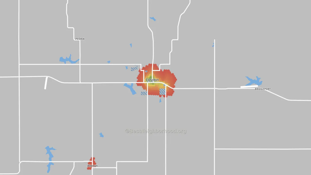 Walk Grade map of 50060, IA, walkable areas in green and car-dependent areas in red