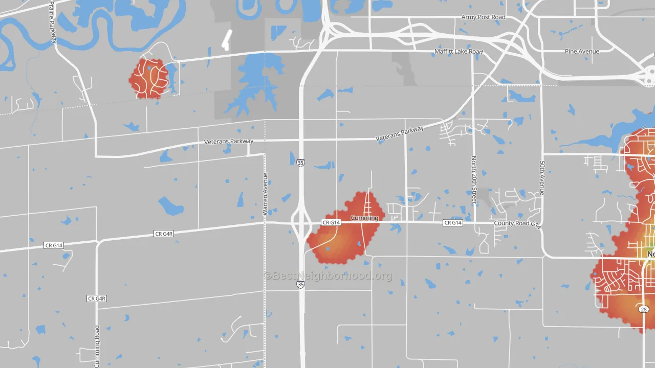 Walk Grade map of 50061, IA, walkable areas in green and car-dependent areas in red