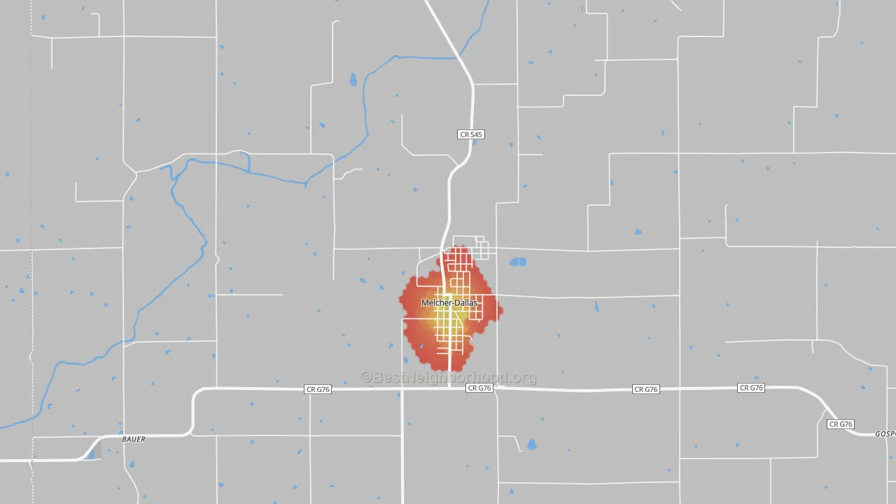 Walk Grade map of 50062, IA, walkable areas in green and car-dependent areas in red