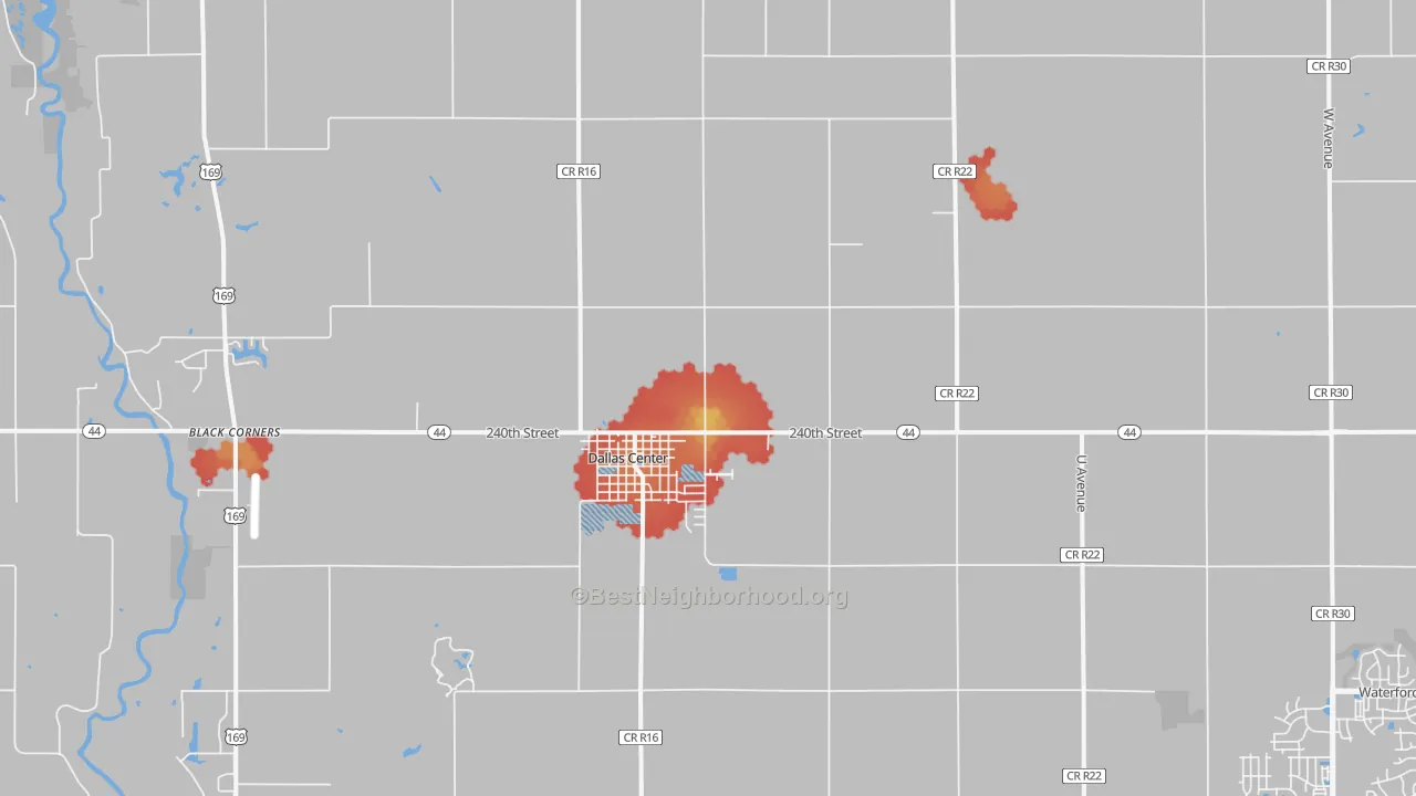 Walk Grade map of 50063, IA, walkable areas in green and car-dependent areas in red