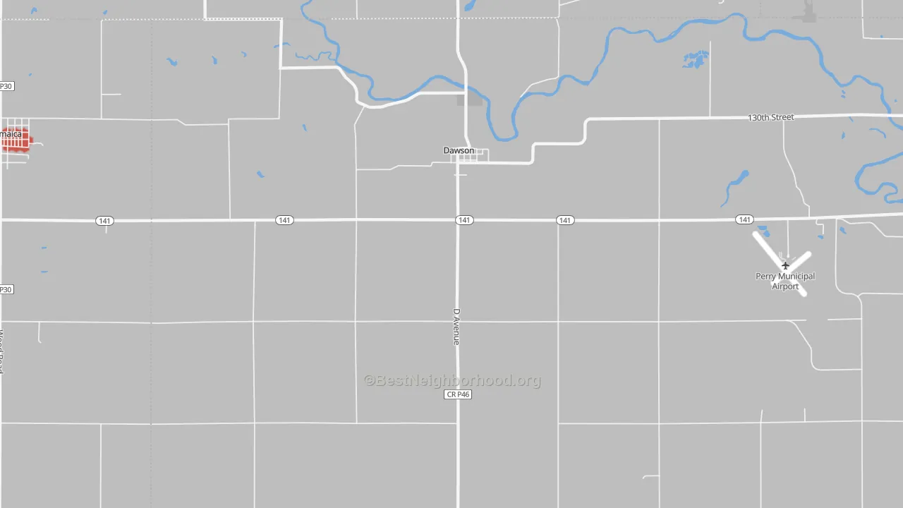 Walk Grade map of 50066, IA, walkable areas in green and car-dependent areas in red