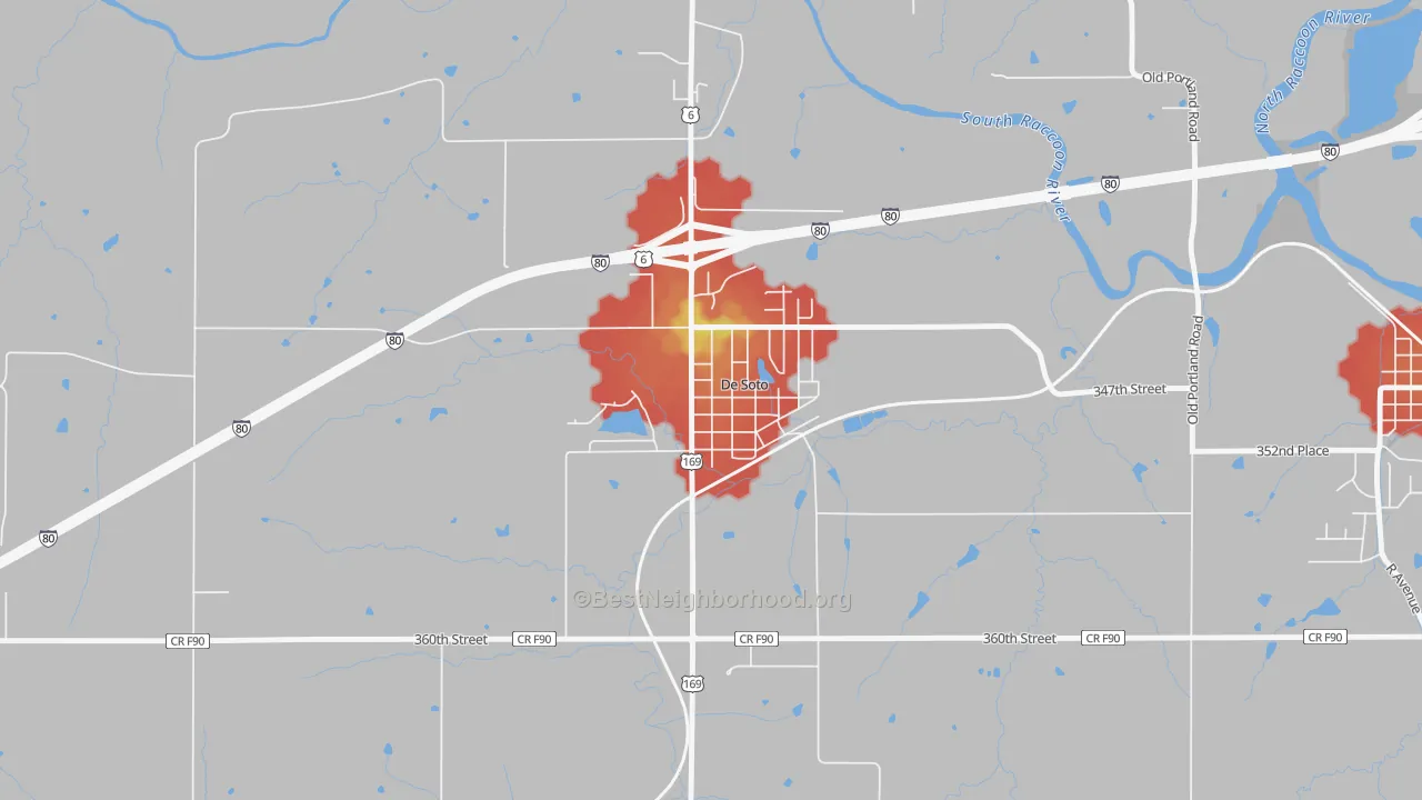 Walk Grade map of 50069, IA, walkable areas in green and car-dependent areas in red
