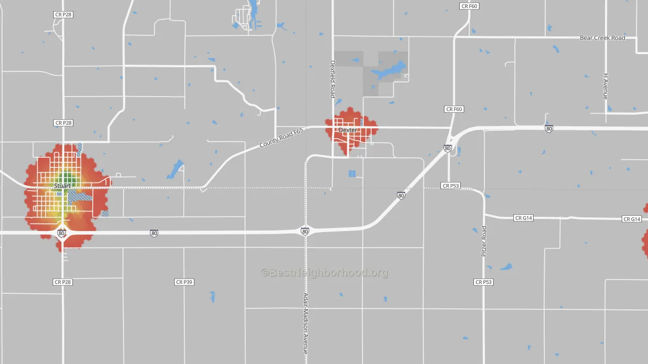 Walk Grade map of 50070, IA, walkable areas in green and car-dependent areas in red