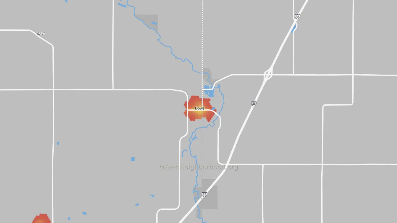 Walk Grade map of 50071, IA, walkable areas in green and car-dependent areas in red