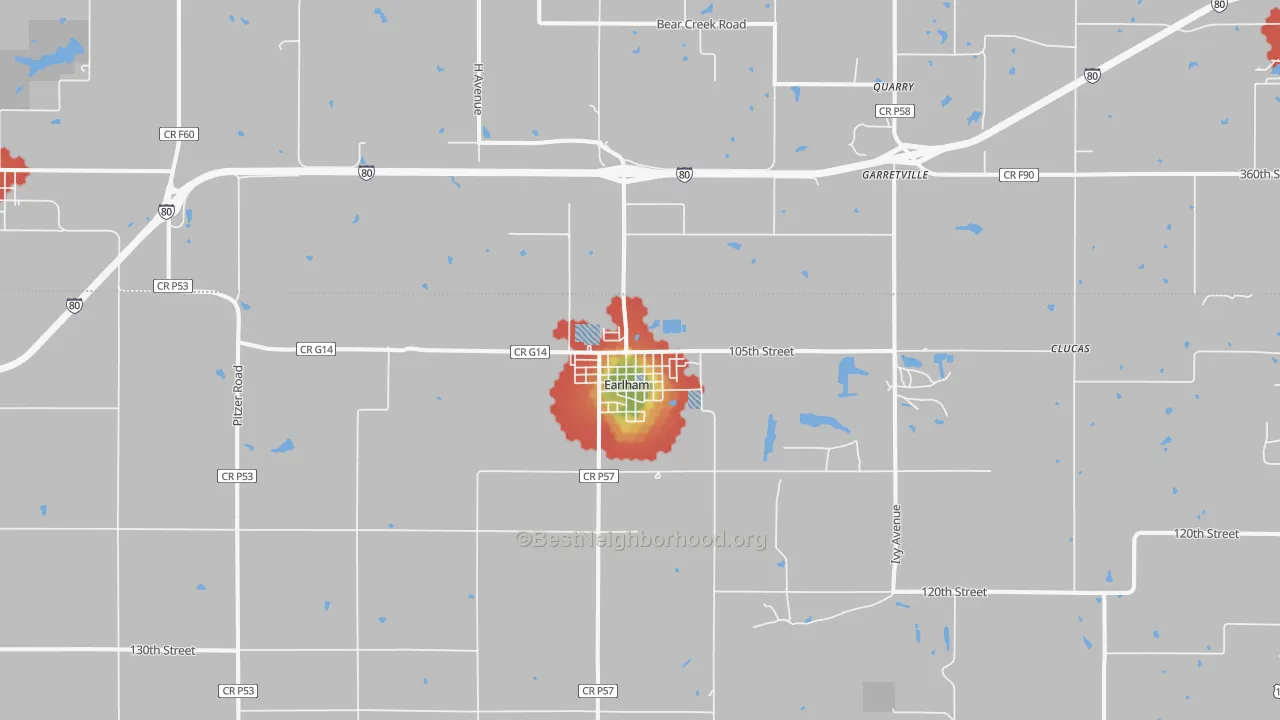 Walk Grade map of 50072, IA, walkable areas in green and car-dependent areas in red