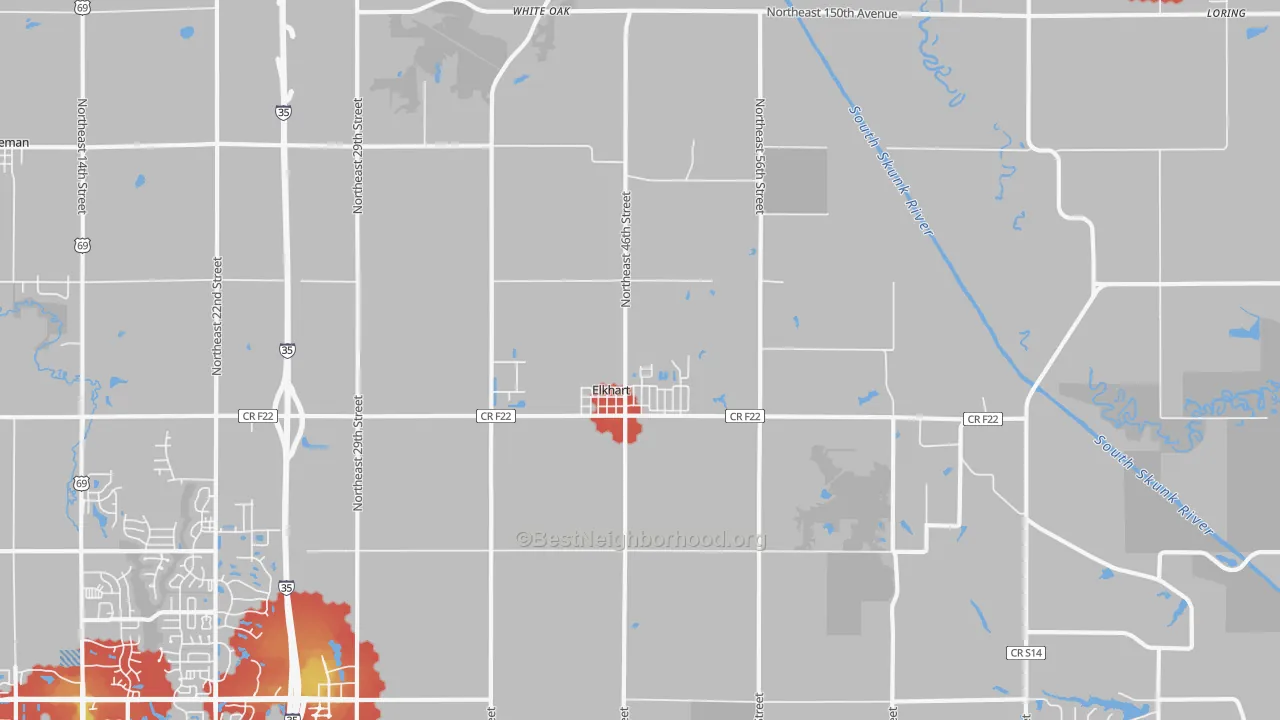 Walk Grade map of 50073, IA, walkable areas in green and car-dependent areas in red