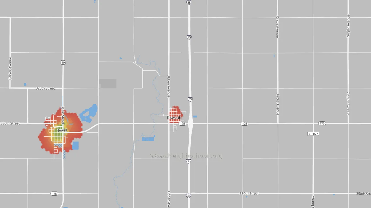 Walk Grade map of 50075, IA, walkable areas in green and car-dependent areas in red