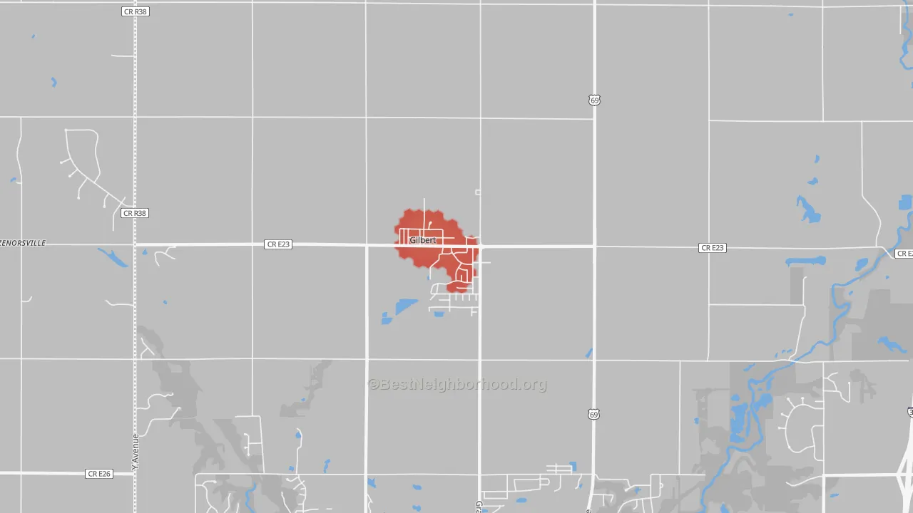 Walk Grade map of 50105, IA, walkable areas in green and car-dependent areas in red