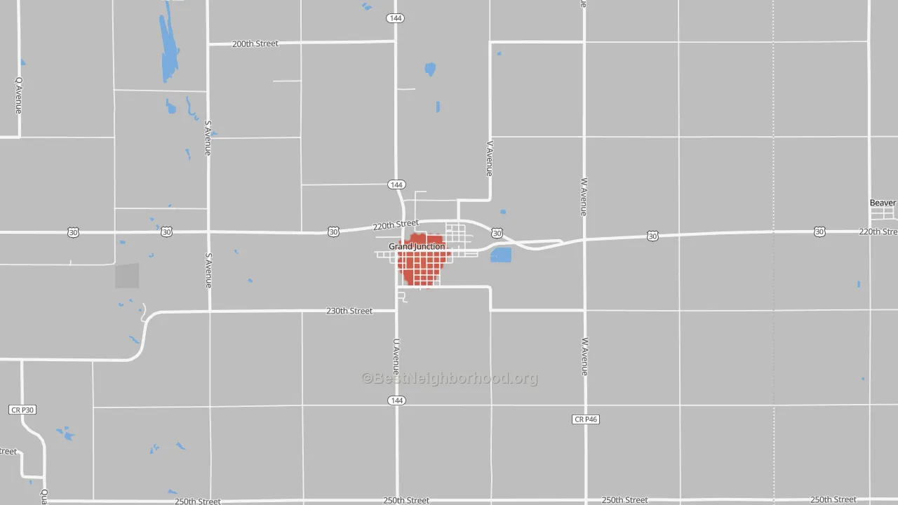 Walk Grade map of 50107, IA, walkable areas in green and car-dependent areas in red