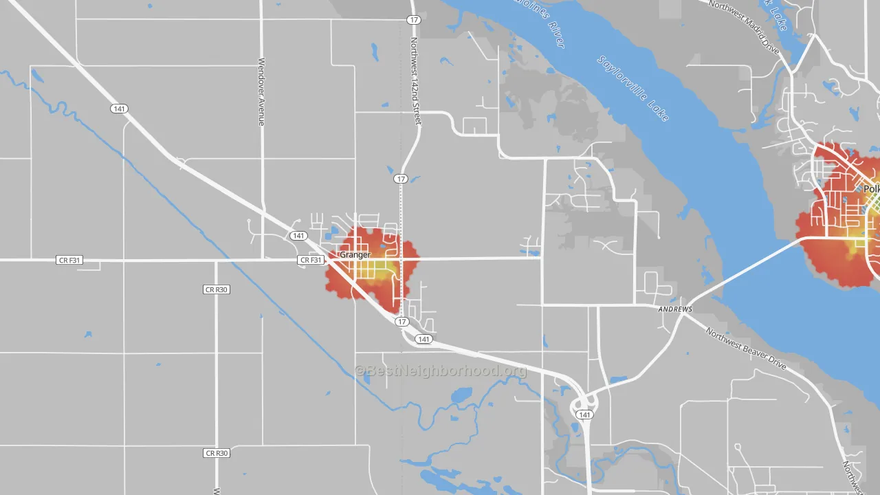 Walk Grade map of 50109, IA, walkable areas in green and car-dependent areas in red