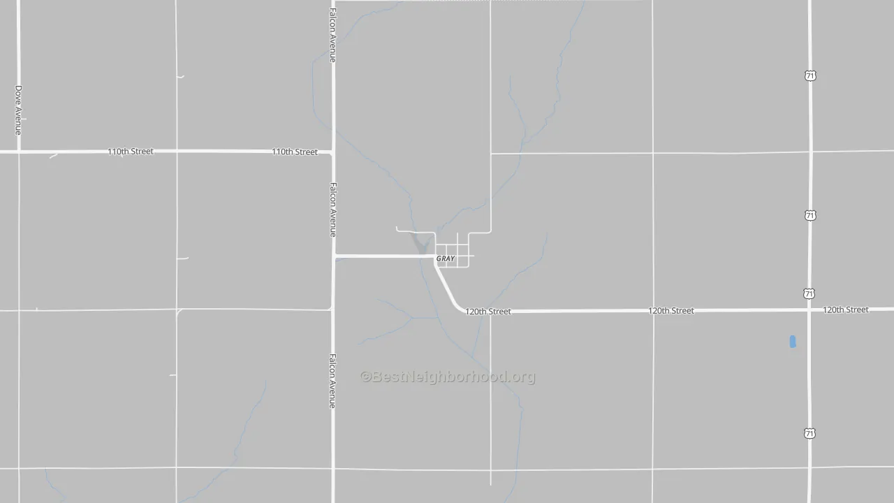 Walk Grade map of 50110, IA, walkable areas in green and car-dependent areas in red
