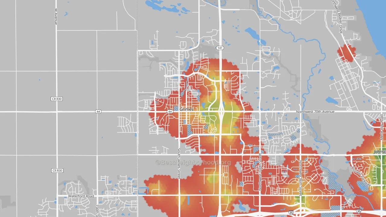 Walk Grade map of 50111, IA, walkable areas in green and car-dependent areas in red