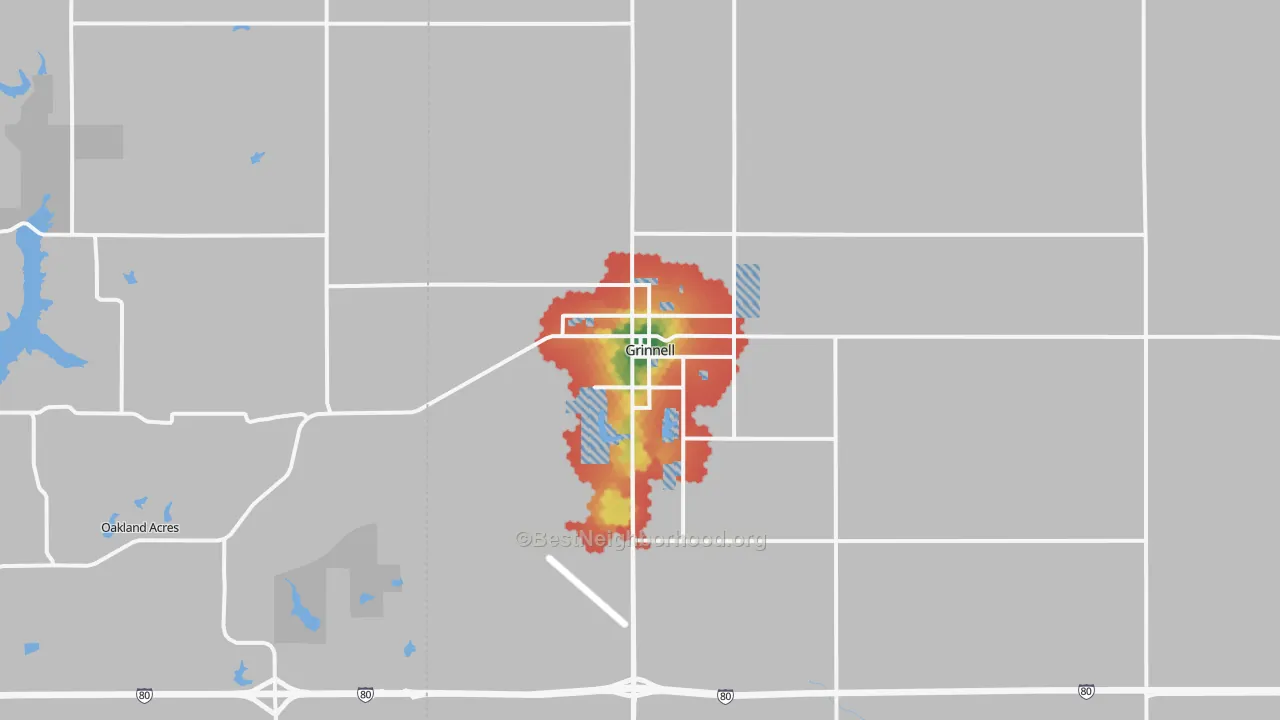 Walk Grade map of 50112, IA, walkable areas in green and car-dependent areas in red