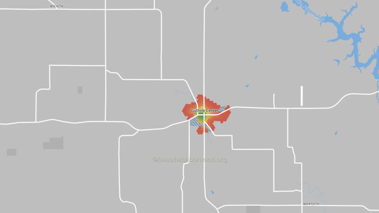 Walk Grade map of 50115, IA, walkable areas in green and car-dependent areas in red