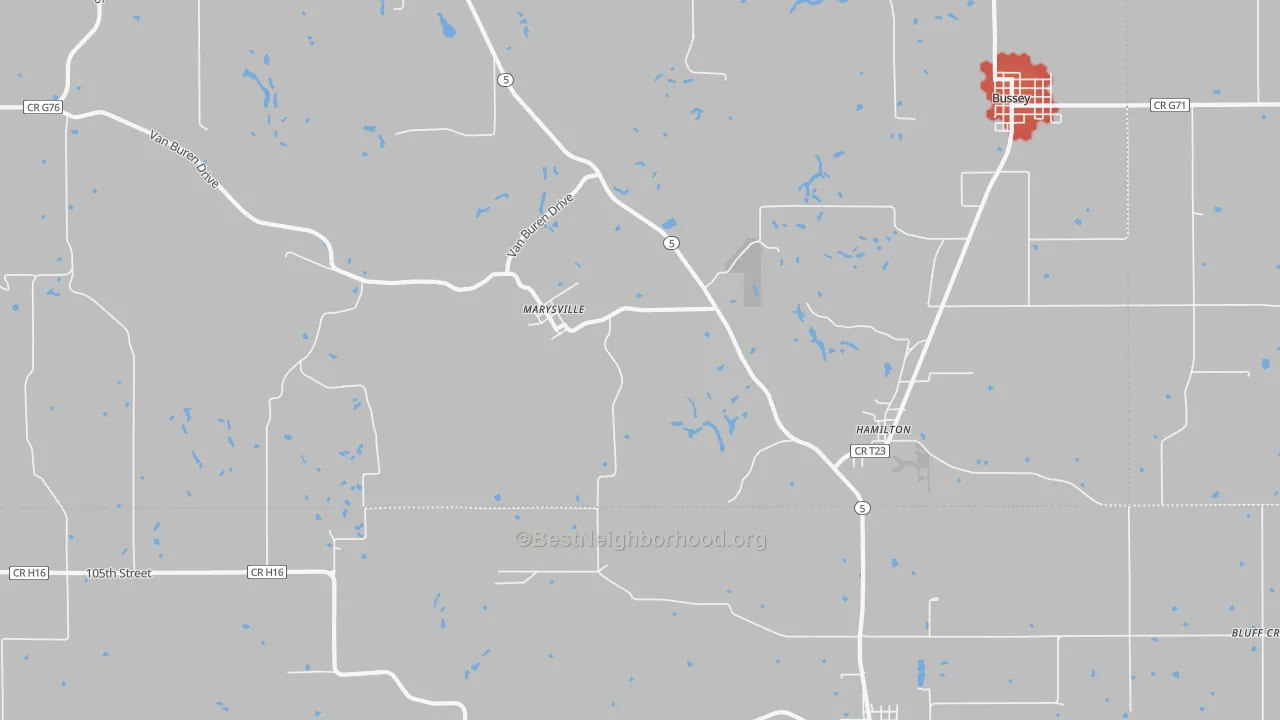 Walk Grade map of 50116, IA, walkable areas in green and car-dependent areas in red