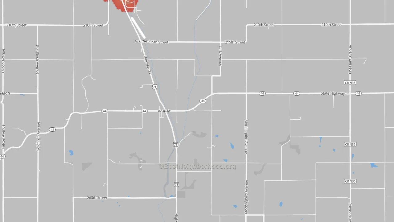 Walk Grade map of 50117, IA, walkable areas in green and car-dependent areas in red