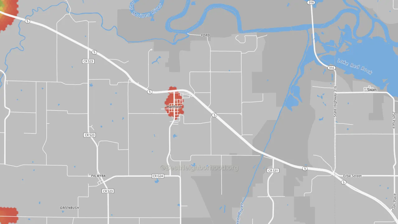 Walk Grade map of 50118, IA, walkable areas in green and car-dependent areas in red