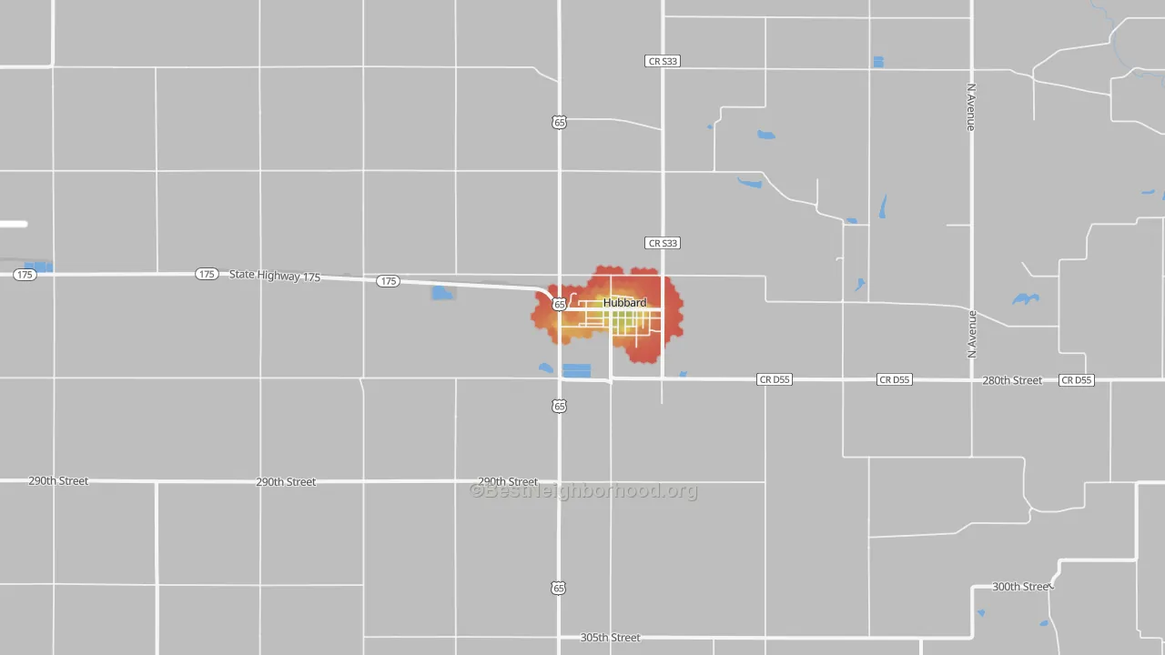 Walk Grade map of 50122, IA, walkable areas in green and car-dependent areas in red
