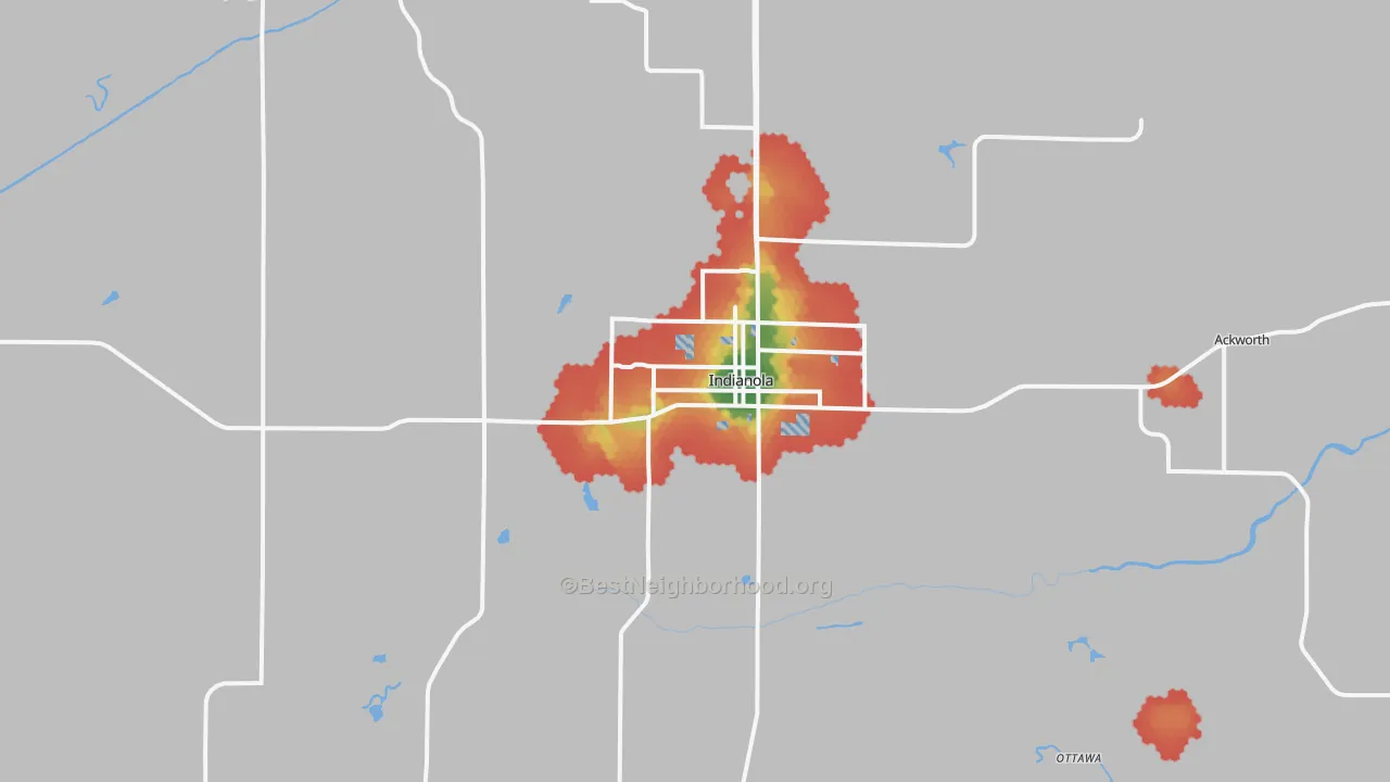 Walk Grade map of 50125, IA, walkable areas in green and car-dependent areas in red