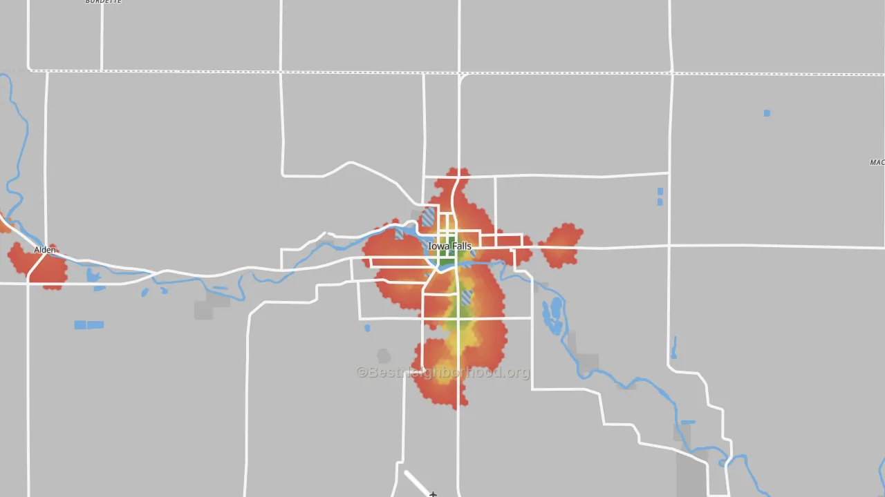 Walk Grade map of 50126, IA, walkable areas in green and car-dependent areas in red