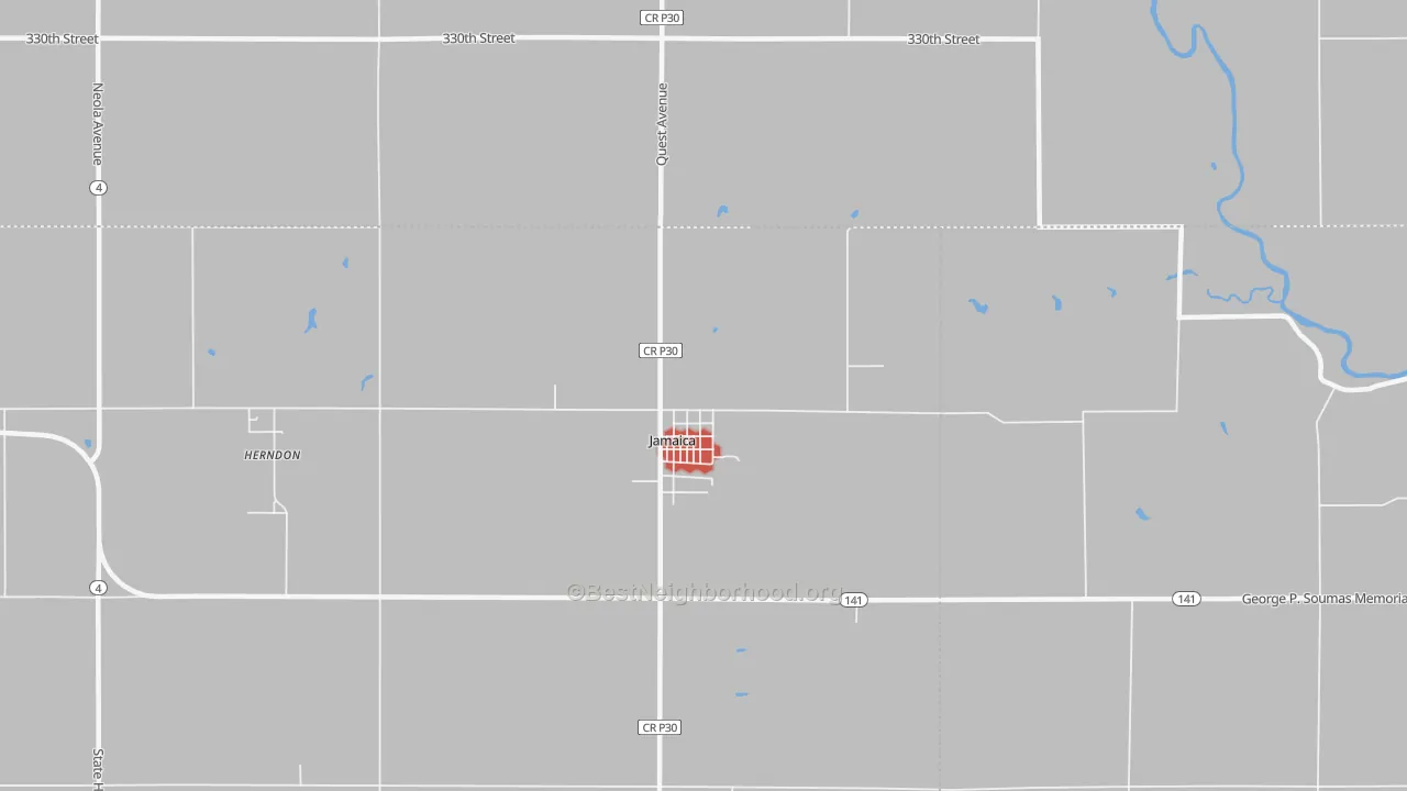 Walk Grade map of 50128, IA, walkable areas in green and car-dependent areas in red