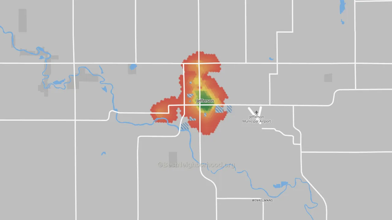 Walk Grade map of 50129, IA, walkable areas in green and car-dependent areas in red