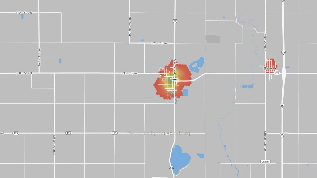 Walk Grade map of 50130, IA, walkable areas in green and car-dependent areas in red
