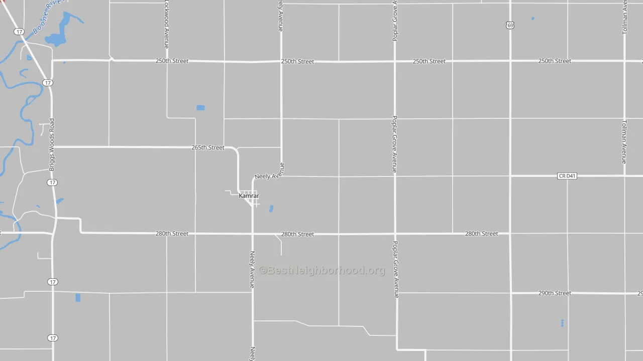 Walk Grade map of 50132, IA, walkable areas in green and car-dependent areas in red
