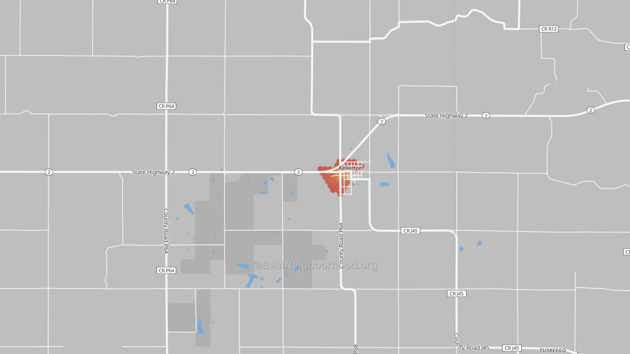 Walk Grade map of 50133, IA, walkable areas in green and car-dependent areas in red