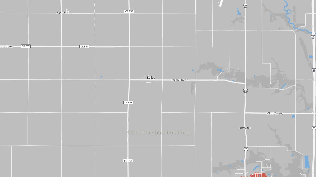 Walk Grade map of 50134, IA, walkable areas in green and car-dependent areas in red