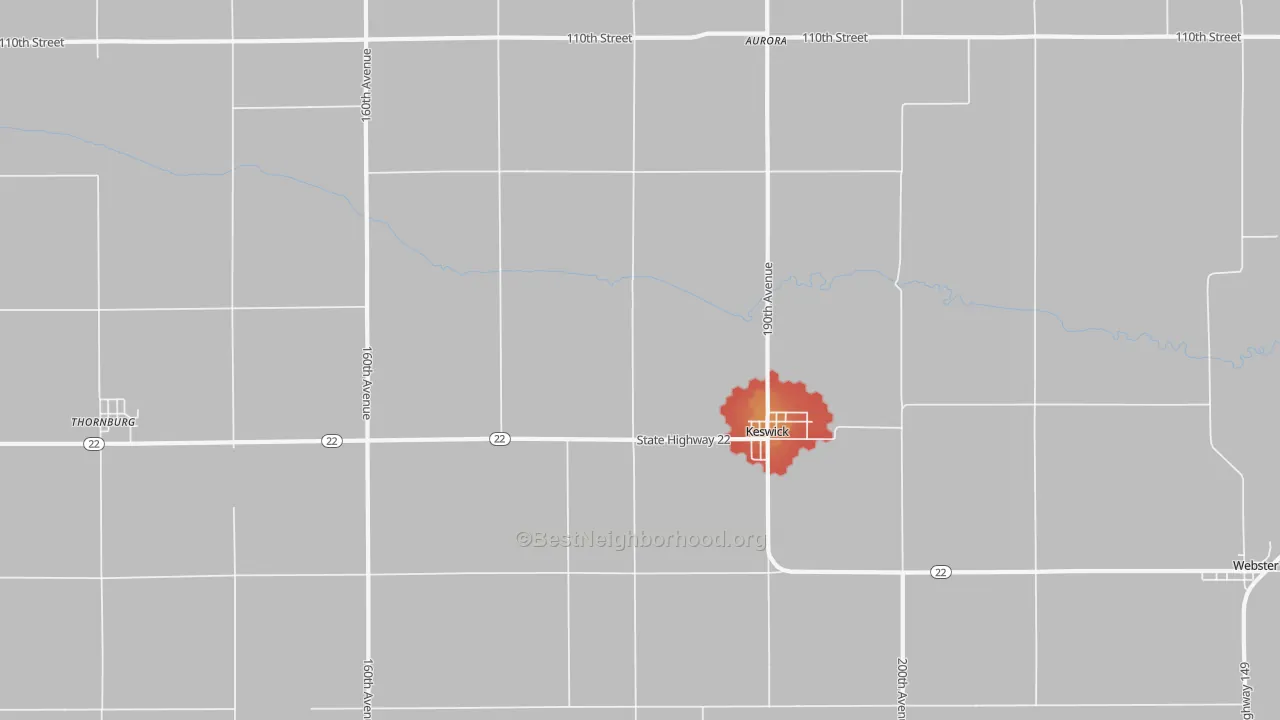 Walk Grade map of 50136, IA, walkable areas in green and car-dependent areas in red