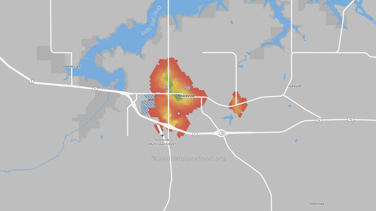 Walk Grade map of 50138, IA, walkable areas in green and car-dependent areas in red