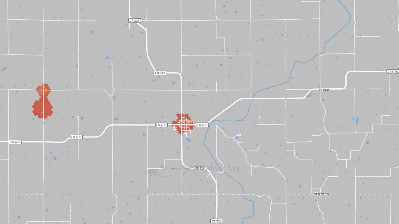 Walk Grade map of 50139, IA, walkable areas in green and car-dependent areas in red
