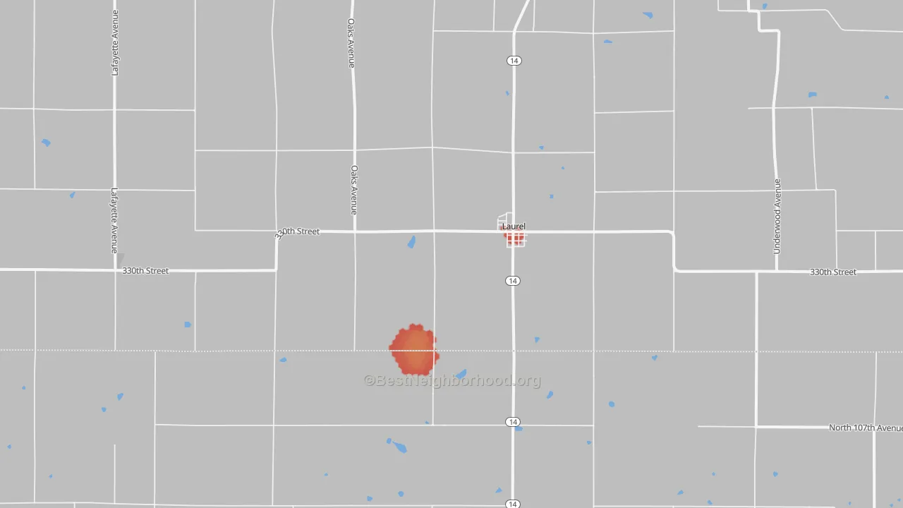 Walk Grade map of 50141, IA, walkable areas in green and car-dependent areas in red