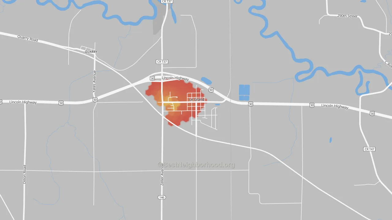 Walk Grade map of 50142, IA, walkable areas in green and car-dependent areas in red