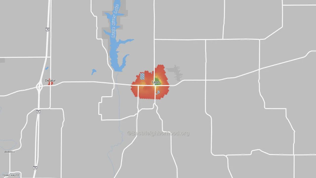 Walk Grade map of 50144, IA, walkable areas in green and car-dependent areas in red