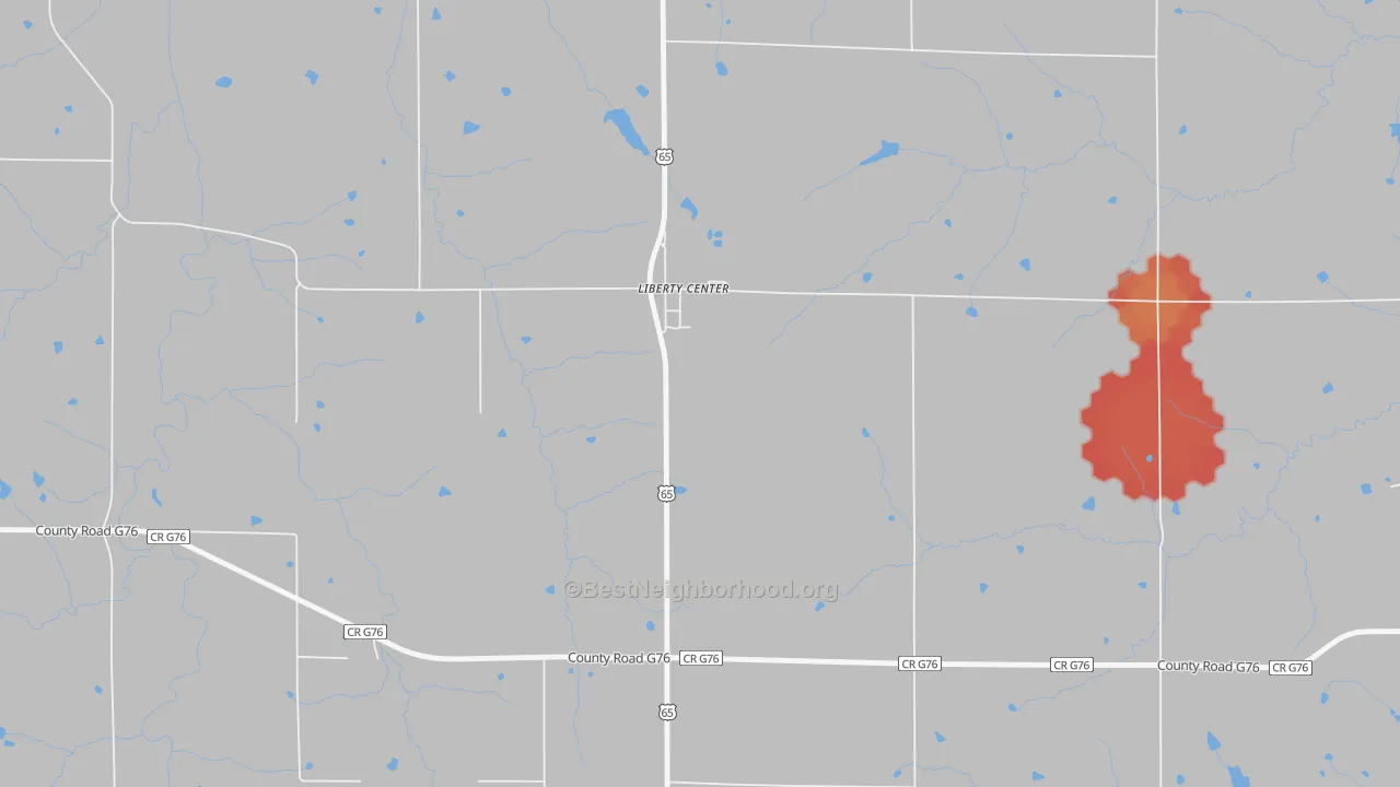 Walk Grade map of 50145, IA, walkable areas in green and car-dependent areas in red