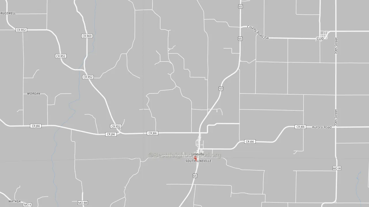 Walk Grade map of 50147, IA, walkable areas in green and car-dependent areas in red