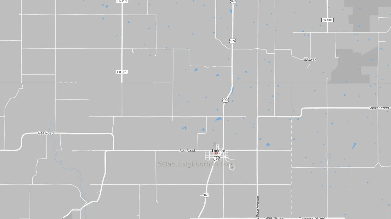 Walk Grade map of 50149, IA, walkable areas in green and car-dependent areas in red