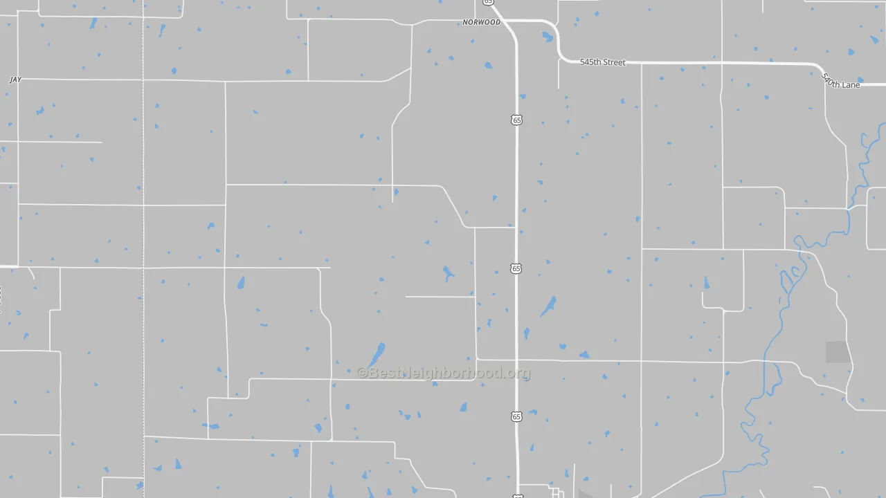 Walk Grade map of 50151, IA, walkable areas in green and car-dependent areas in red