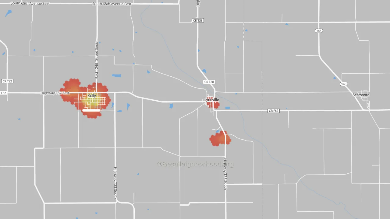 Walk Grade map of 50153, IA, walkable areas in green and car-dependent areas in red